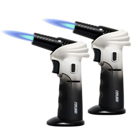 Butane Torch Lighter, 0-90°Rotating Angle Butane Lighter, Refillable Kitchen Torch with Safety Lock, Adjustable Flame for Soldering (White & Black-2 Pack)