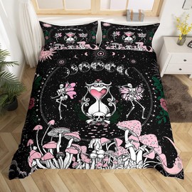 Sun and Moon Duvet Cover Set King Size,Pink Mushroom Bedding Set Gothic Sugar Skull Star Galaxy Comforter Cover for Kids Boys Girls Woman Room Decor Boho Hippie Black White Quilt Cover,2 Pillowcases
