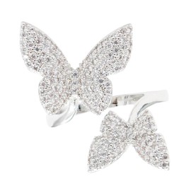 Lavencious Double Butterfly Design Adjustable Rings Cubic Zirconia Statement Ring for Women Size fit for 6 to 8.5, Crystal, No Gemstone