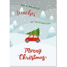 doodlecards Teacher Christmas Card Christmas Tree on Car Large A4 Size Christmas Card for Teacher with Plain Envelope
