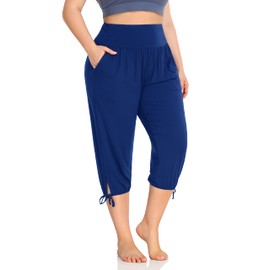ZERDOCEAN Women's Plus Size Yoga Capri Pants Lounge Indoor Casual Comfy Relaxed Joggers with Pockets Royal Blue 2X