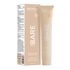 EEZYSUN BARE Tinted Sunscreen for Face SPF 50 - Non-Greasy, Weightless, Water-Resistant, Vegan & Reef-Safe Tinted Moisturizer with SPF, Hyaluronic Acid, Jojoba Oil - All Skin Types, 1.69 fl oz - Light