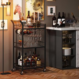 TUTOTAK Bar Cart, Home Bar Serving Cart with 3-Tier Mirrored Shelf, Wine Cart, Mobile Kitchen Shelf, Gold BC01BB034