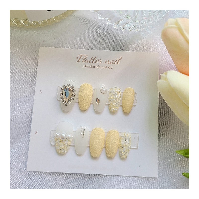 Yellow Tweed Pearl Handmade Nail Tips - Mediaval / 옐로우