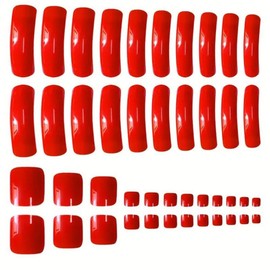 Red Press on Nails Long Curved Fake Nails with Designs Glossy Solid Red Press on Toenails Short Square Summer Fake Toenails Reusable Full Cover Beach False Toenails for Women Girls Manicure 44Pcs