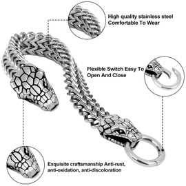 LuxGoth Stainless Steel Double Snake Heads Heavy Cuban Link Chain Bracelet Gothic Punk Rock Biker Vintage Viking Snake Franco Link Curb Bracelet Jewelry for Men Silver GTS-B1B45033