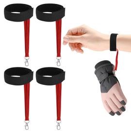 4Pcs Red Sports Winter Ski Gloves Elastic Wrist Straps, Glove Leash Snowboarding Skiing Accessories for Men, Safety Straps Supplies with Keychains for Mountaineering Snowboarding Outdoor Activities