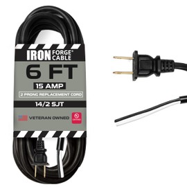 Iron Forge Cable 14 AWG Replacement Power Cord with Open End - 6 Ft Black Extension Cable, 2 Wire 14/2 SJT