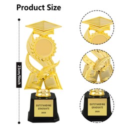 SINGOMON 3PCS Gold Trophy with Graduation Cap Design Graduation Trophy Award for Prized Congrats Outstanding Graduates 2025 Customed Rewards Graduation Award Trophies for Graduation Decorations 2025