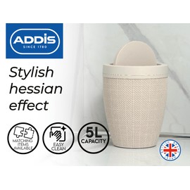 Addis 5 Litre Round Faux Sack Linen Waste Bin with Swing Lid Plastic for Bathroom Bedroom Home Office Calico Cream