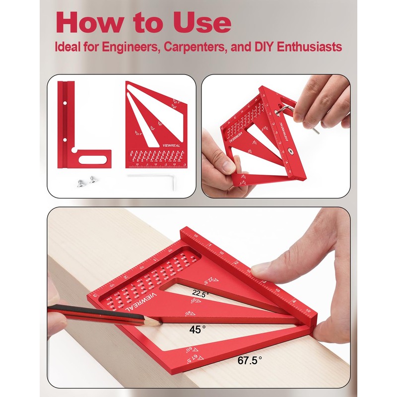 Multi-Angle 3D Measuring Ruler: 22.5/30/45/60/67.5/90 Degree Aluminum Alloy Square Ruler