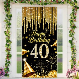 HOMETITUTE 40th Birthday Door Cover 71x35 Inch Black and Gold Birthday Banner for Party Decorations Diamond Number Backdrop Sign for Women Men Photo Booth Prop Wall Decor