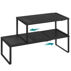 SONGMICS Spice Racks, Set of 2 Expandable Kitchen Countertop Shelves, Small Cupboard Organizers, Metal, Space-Saving Tabletop Shelves, Matte Black UKCS402B01