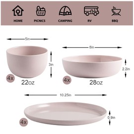 MissYIP 12 Pcs Wheat Straw Dinnerware Sets, Unbreakable Reusable Kitchen Dinnerware Set, Outdoor Camping Dishes, BAP free, Dishwasher Safe,Not oven-safe or microwavable(Shell Pink)
