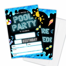 Nuckxy Pool Party Birthday Invitations(4"X 6"), Swimming Pool Double-Sided Invites, Boys & Girls Birthday Invites With Envelopes, Party Decoration & Supplies(Black) - A07