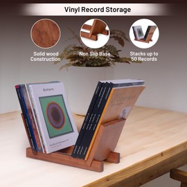 Bey-Berk Axel Solid Wood Vinyl Record Storage Holder (Brown), Holds Up to 50 7" & 12" Records, 15" x 6.5" x 6.75" Desktop LP Organizer