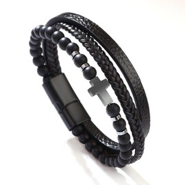 Kryzalite® Kreuz Obsidian taufgeschenk hang duftstein Herrenarmband, Edelstahl Echtes Leder Armband, Schmuckgeschenke für Männer