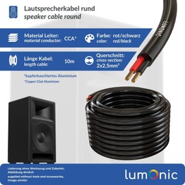 Lumonic Speaker Cable 10 m Black Round CCA HiFi Speaker Cable Audio Round Cable Professional PA Installation Audio Round Cable