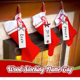 Jetec 12 Pieces Christmas Stocking Name Tag Wood Stocking Tags Wood Tags Dog Stocking Tags with Buffalo Plaid Bows and 4 Letter Stickers for Christmas Holiday Decoration (White)