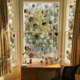 Runtoo Window Privacy Film Rainbow Eucalyptus Leaves Boho Window Clings 3D Decorative Vinyl Stained Glass Botanical Green Leaf Decals Static Sticker Non-Adhesive, 15.75 x 40 inches