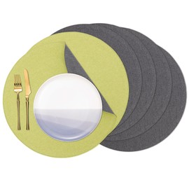 Banchif Place Mats, Diameter 38 cm, Imitation Linen Place Mats, Washable Non-Slip Place Mats, Double-Sided Place Mats (Green-Grey, Round Set of 6)
