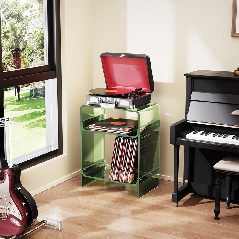 Acrylic Record Player Table with Storage Shelf, Clear Side Table