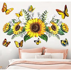 Sunflower Wall Stickers with 3D Butterfly Wall Sticker, Yellow Flowers Wall Decal,SPRT Waterproof and Removable, Sunflower Wall Stickers,Wall Stickers for Bedroom Living Room Bathroom Decor
