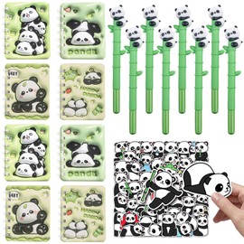 Yhjxly 66 Pieces Panda Party Bag Set, Panda Children's Birthday Gift, 8 Pieces Mini Notebook, 8 Pieces Cartoon Panda Gel Pens, 50 Pieces Stickers, Panda Stationery for Children School Office Supplies