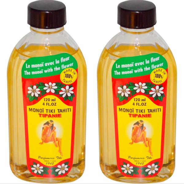 Monoi Tiki Tahiti Tipanie Frangipani Coconut Oil (Pack of 2), Scented With Fresh Handpicked Tiare Flowers, 100% Made in Tahiti, 4 fl. oz.