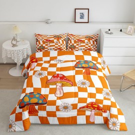 Retro 60s 70s Groovy Flower Comforter Set,Kawaii Trippy Mushroom Bedding Set for Girls Women Adult,Cute 1970 Daisy Hippie Quilt Set Full,Orange White Plaid Checkered Duvet Insert with 2 Pillowcases