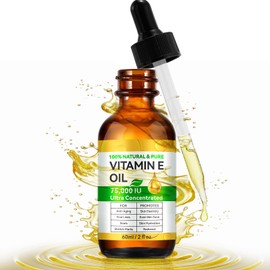 Pure Vitamin E Oil, 75,000 IU Ultra Concentrated & Natural for Stretch Mark/Scars Treatment, Smoothing & Moisturizing Skin & Hair & Cuticles, Cold Pressed/Hexane Free/Non-GMO, 60ML/2Fl Oz