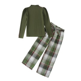 SODLON Girls Clothes Kids Fall Winter Outfits Ribbed Solid Long Sleeve Top Plaid Wide Leg Pants with Belted Casual Trendy School Little Girl Clothing Green Size 7-8