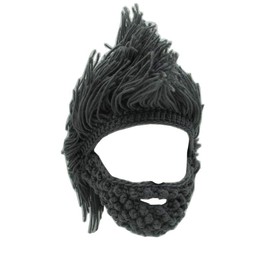 YEKEYI Adult Beard Hat with Horn, Warm Knitted Wool, Funny Skull Hat, Barbarian., Einheitsgröße