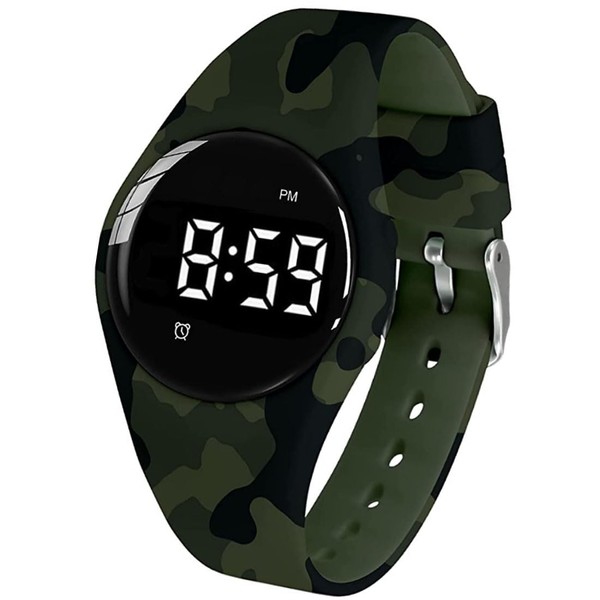 e-vibra Vibrating Alarm Clock, Waterproof Potty Training Watch, Rechargeable Medical Reminder Clock with 15 Daily Alarms, Green Camouflage, Modern