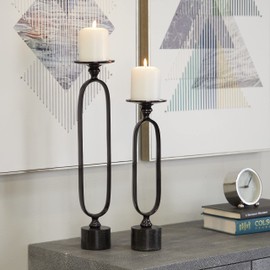 Deco 79 Aluminum Paper Clip Pillar Candle Holder with Marble Base, Set of 2 15", 19"H, Black