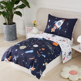 STYHO Space Toddler Bedding Reversible Planets Rockets Printed Cot Bed Bedding Set for Boys Girls Cartoon Dark Blue Outer Space Duvet Cover for Toddler Bed(Dark Blue, Cot Bed)