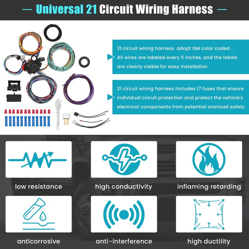 Universal 21 Circuit Wiring Harness Kit, Universal Extra Long Wire