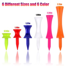 PUFEUOO 180 Pack Plastic Golf Tees, 6 Different Sizes Golf Tees (70 mm, 60 mm, 50 mm, 36 mm, 30 mm, 23 mm) Golf Tees Mixed Size and 6 Color