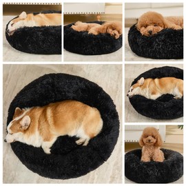 Dog Calming Beds for Small Medium Large Dogs - Round Donut Washable Puppy Dog Bed, Anti-Slip Faux Fur Fluffy Donut Cuddle Anxiety Cat Pet Bed(20" Black