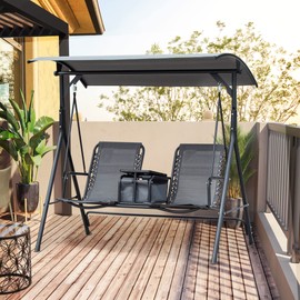 Outsunny 2-Seat Patio Swing Chair, Outdoor Canopy Swing Glider with Pivot Storage Table, Cup Holder, Adjustable Shade, Bungie Seat Suspension and Weather Resistant Steel Frame, Gray