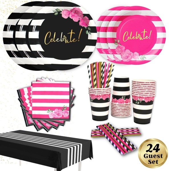 121 Pc Hot Pink Party Decorations Disposable Tableware Set Serves 24 Plates, Cups, Napkins, Tablecloth, Straws Party Supplies for Birthday Bachelorette Bridal Shower Baby Shower