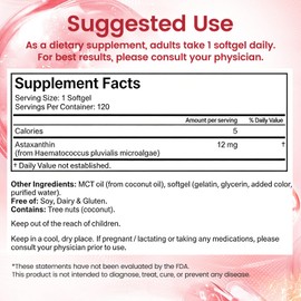 Astaxanthin 12mg with MCT Oil Softgels, Premium Astaxanthin Supplements Organic for Kidneys, Eyes & Skin, Natural Microalgae Source, Triple Strength, Non-GMO & Gluten Free, 120 Softgels (Pack of 1)