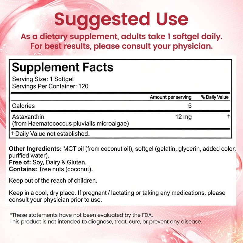 Astaxanthin 12mg with MCT Oil Softgels, Premium Astaxanthin Supplements Organic