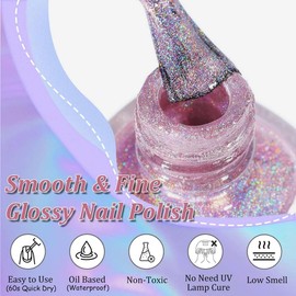 Glitter Pink Holographic Nail Polish - Quick Dry Rainbow Effect Metallic Varnish - 60 Seconds Chrome Long Lasting, No UV Lamp Needed