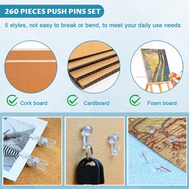 260 Pcs Push Pins Set 5 Styles Clear Thumb Tacks
