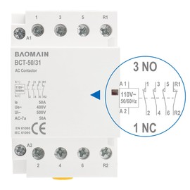 Baomain 110V AC 4-Pole Modular Contactor, 50A 3NO1NC Normally Open + Normally Closed, DIN Rail Mount for HVAC, Motor, Pump & Lighting Control BCT-50/31-110VAC