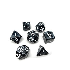 Marble Swirl Polyhedral Dice Set - 7 Piece Dice Set with One D20, D12, D10, D8, D6, D4, and D00 (Black Marble with White Font)
