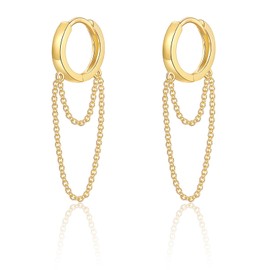 925 Sterling Silver Double Chain Hoop Earrings for Women, Gold Dangle Piercing Huggie Hoop Earrings Tassel Link Cuff Cartilage Helix Cubic Zirconia Stud Earrings for Teen Girls Jewellery Gifts