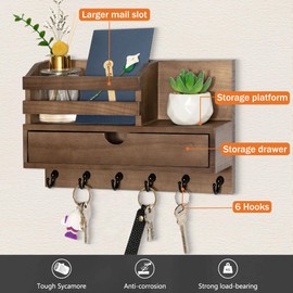 dreampossible Key and Mail Holder for Wall, Mail Organizer Wall Mount with 6 Hooks and Storage Drawer, Wooden Key Rack Hanger with Shelf for Entryway and Home Decor