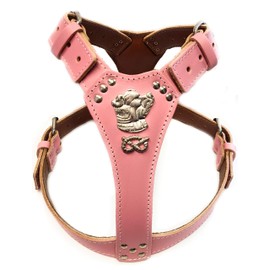 M&D Beautiful Staffy Baby Pink Leather Dog Harness Large with Staffordshire Bullterrier Head Motif & Knot (Brass Fittings)